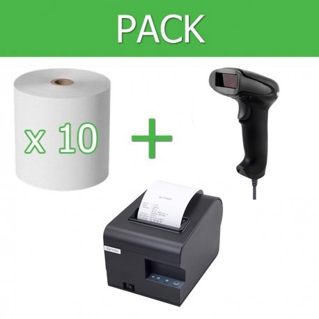 Pack Impresora Ticket 80mm + Lector Códigos de Barra USB + 10 unidades de papel térmico 80mm