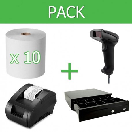 Pack Impresora Ticket 58mm + Lector Códigos de Barra USB + Cajon Portamonedas + 10 unidades Papel térmico 58mm